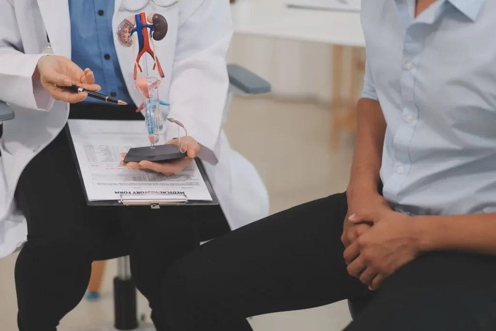 Doctor explaining male urinary system during urology consultation with patient in Navalur, Chennai