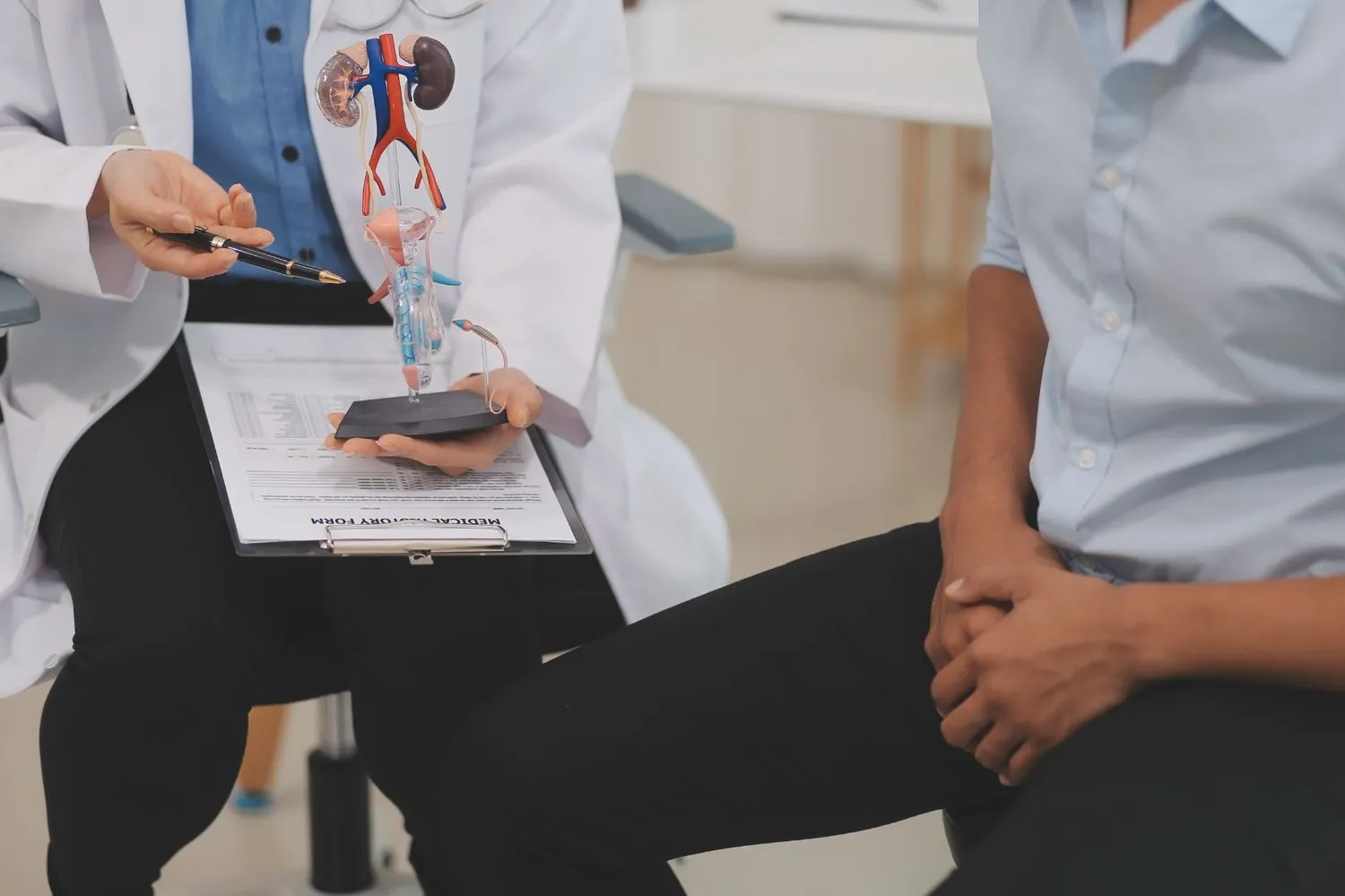 Doctor explaining male urinary system during urology consultation with patient in Navalur, Chennai