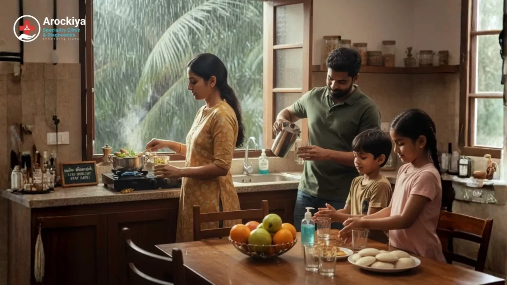 The family follows essential health precautions during Chennai’s rainy months cooking healthy food and staying hydrated.
