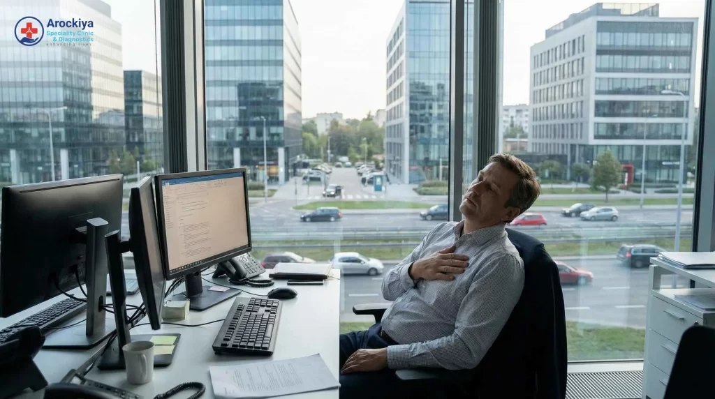 Office worker experiencing chest discomfort at his desk, representing heart risks caused by long hours of sitting in desk jobs.