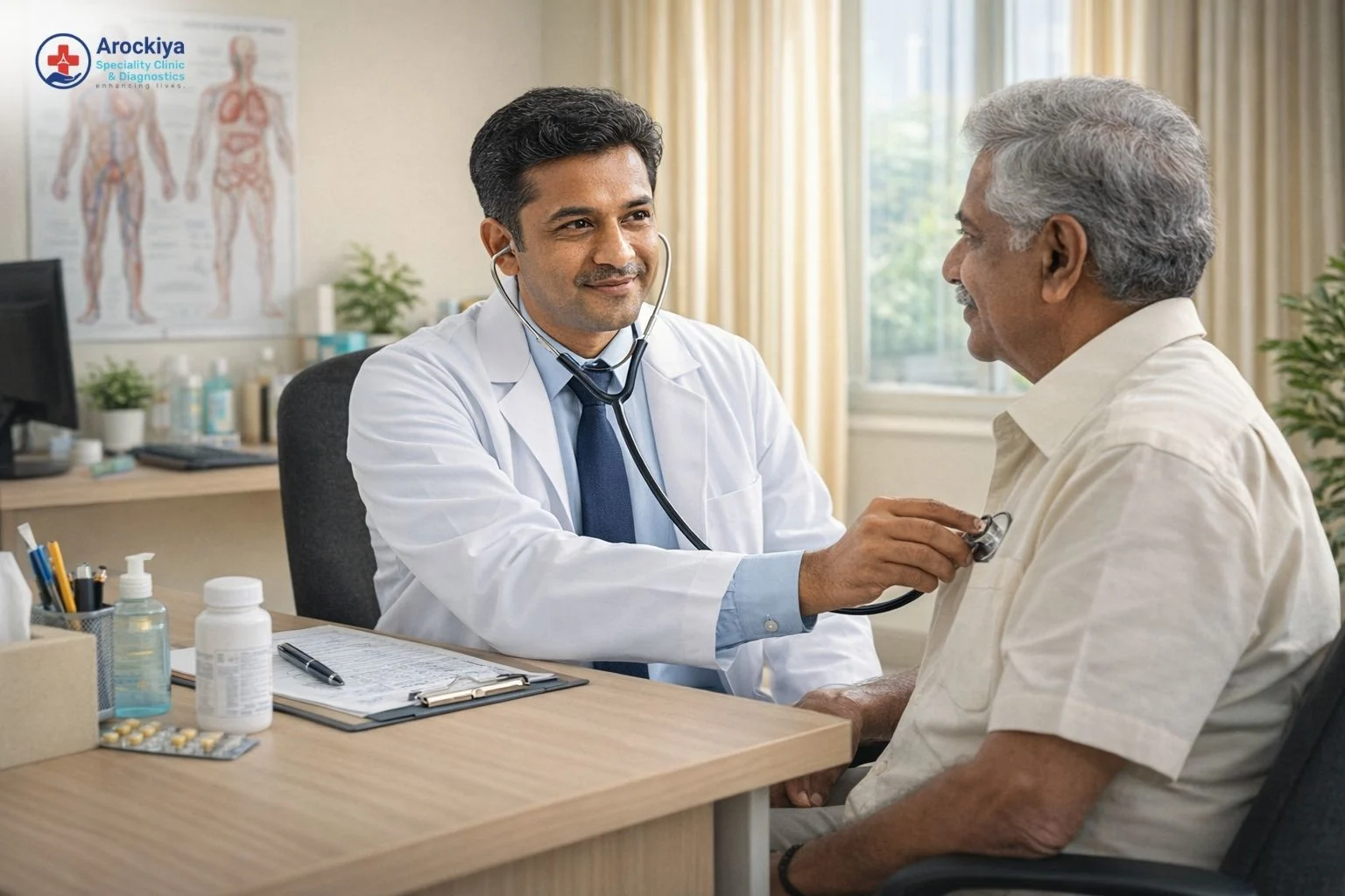 General medicine doctor examining a senior patient during a routine checkup for chronic condition management in Chennai