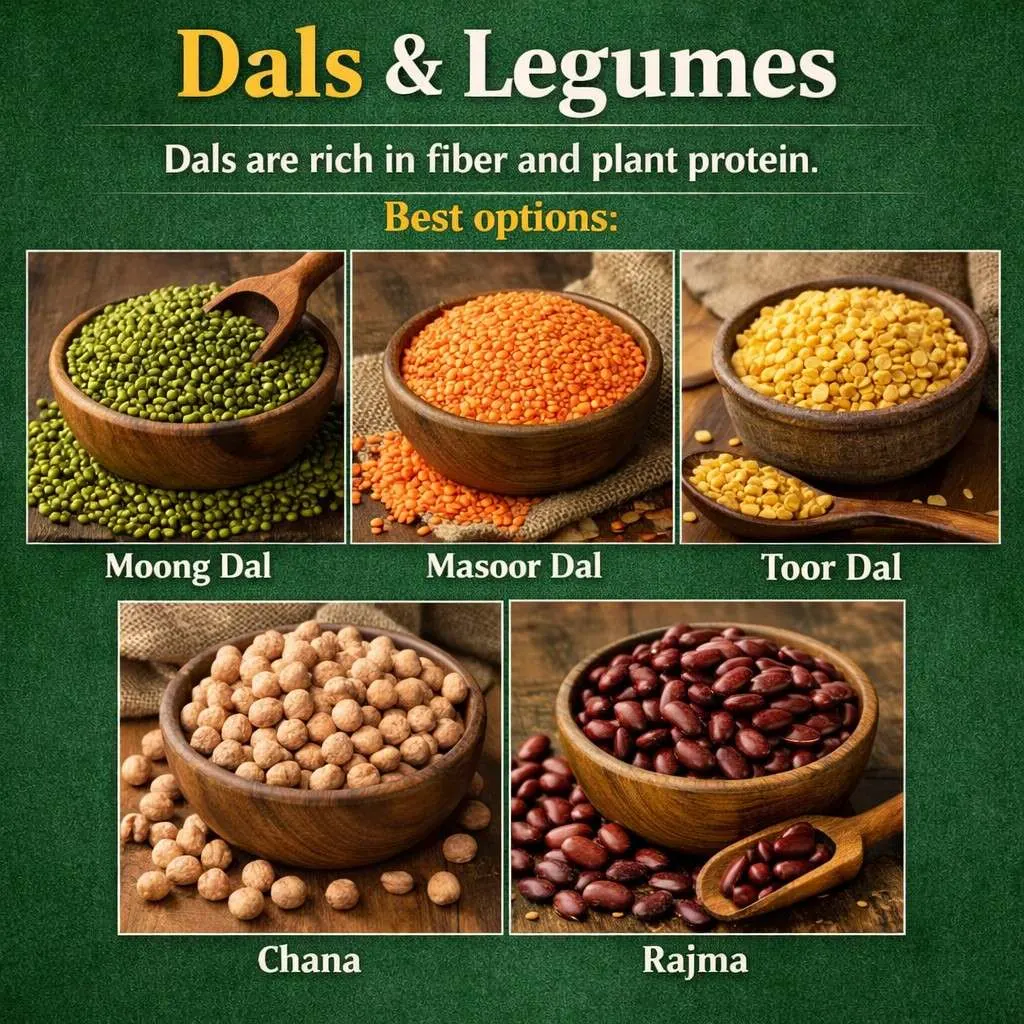 Dals and legumes including moong dal, masoor dal, toor dal, chana, and rajma shown as heart healthy foods rich in fiber and plant protein for an Indian diet.