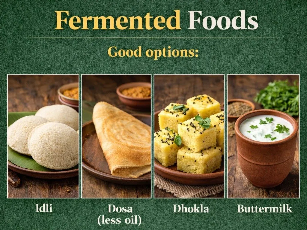 Fermented foods including idli, less oil dosa, dhokla, and buttermilk recommended as heart healthy options in an Indian diet.