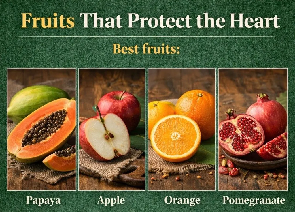 Heart-protecting fruits including papaya, apple, orange, and pomegranate recommended for a healthy Indian diet to support heart health.