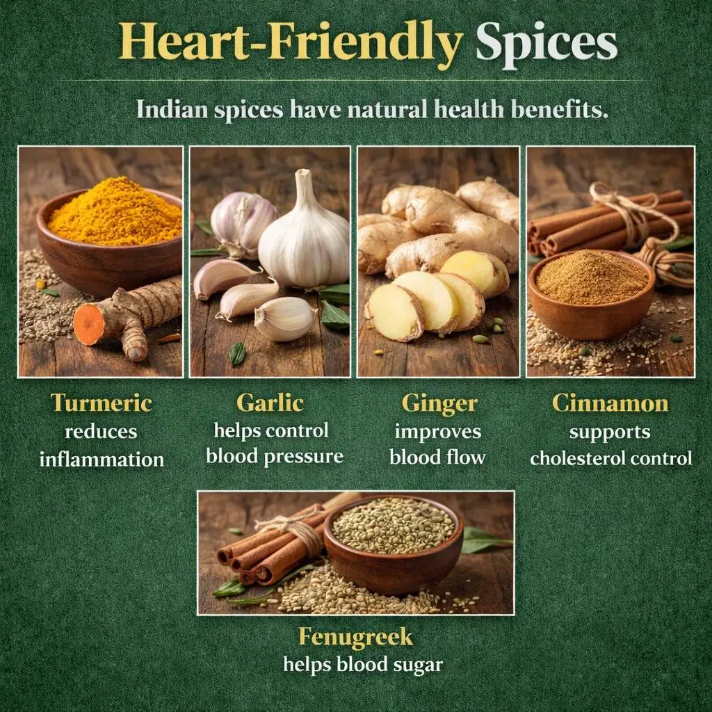 Heart-friendly Indian spices including turmeric, garlic, ginger, and cinnamon shown for their natural benefits in supporting heart health and cholesterol control.