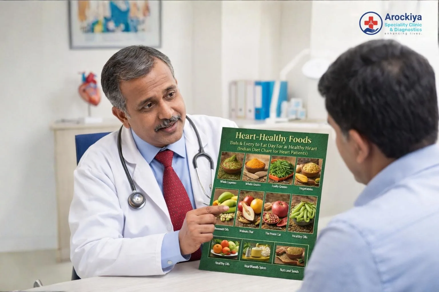 Doctor at Arockiya Speciality Clinic explaining heart healthy foods and Indian diet chart for heart patients during consultation in Navalur Chennai.