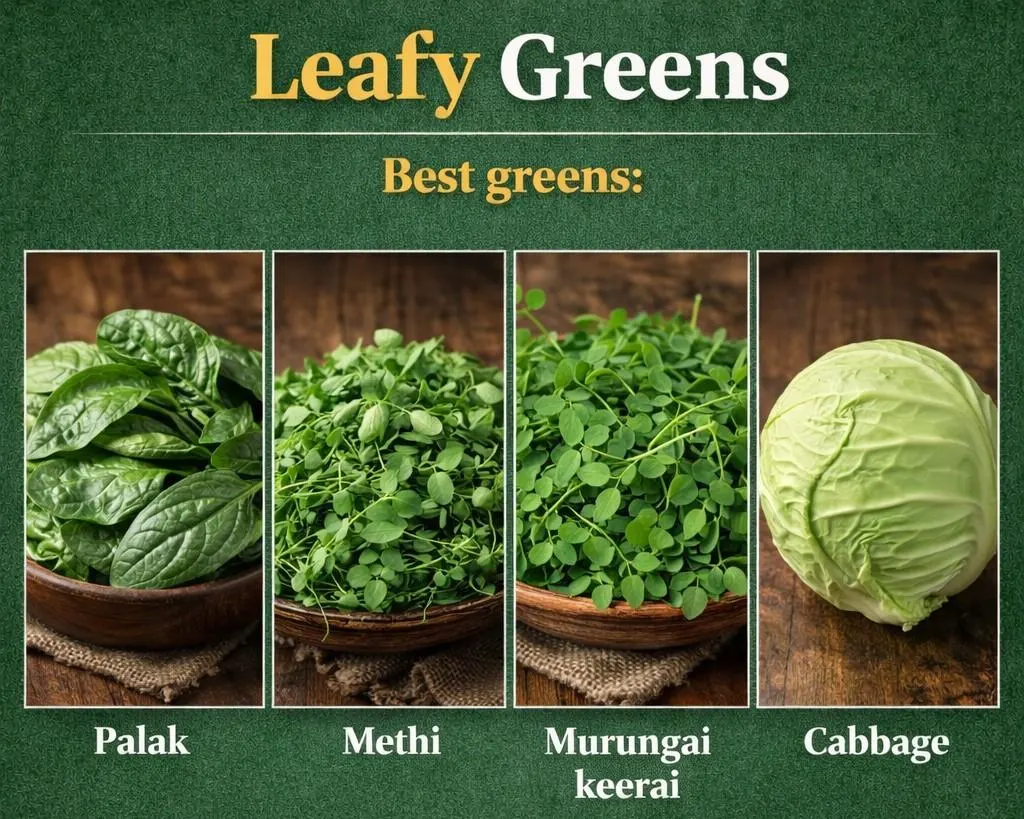 Leafy greens including palak, methi, murungai keerai, and cabbage shown as heart healthy vegetables for a balanced Indian diet.