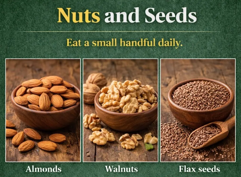 Nuts and seeds including almonds, walnuts, and flax seeds recommended as heart healthy foods to eat in small daily portions.