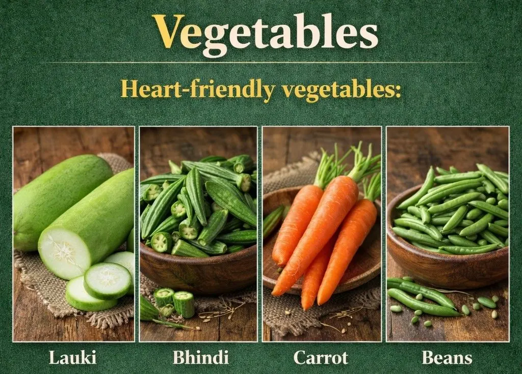 Heart-friendly vegetables including lauki, bhindi, carrot, and beans recommended for a healthy Indian diet to support heart health