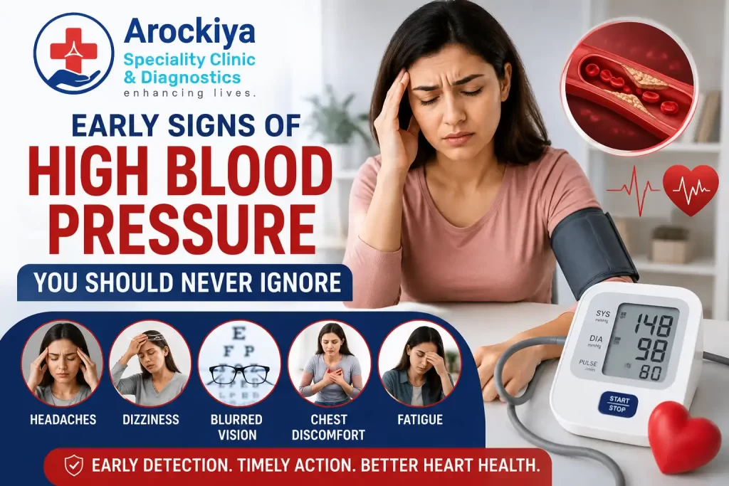 Early signs of high blood pressure including headaches, dizziness, blurred vision, chest discomfort, and fatigue with blood pressure monitor