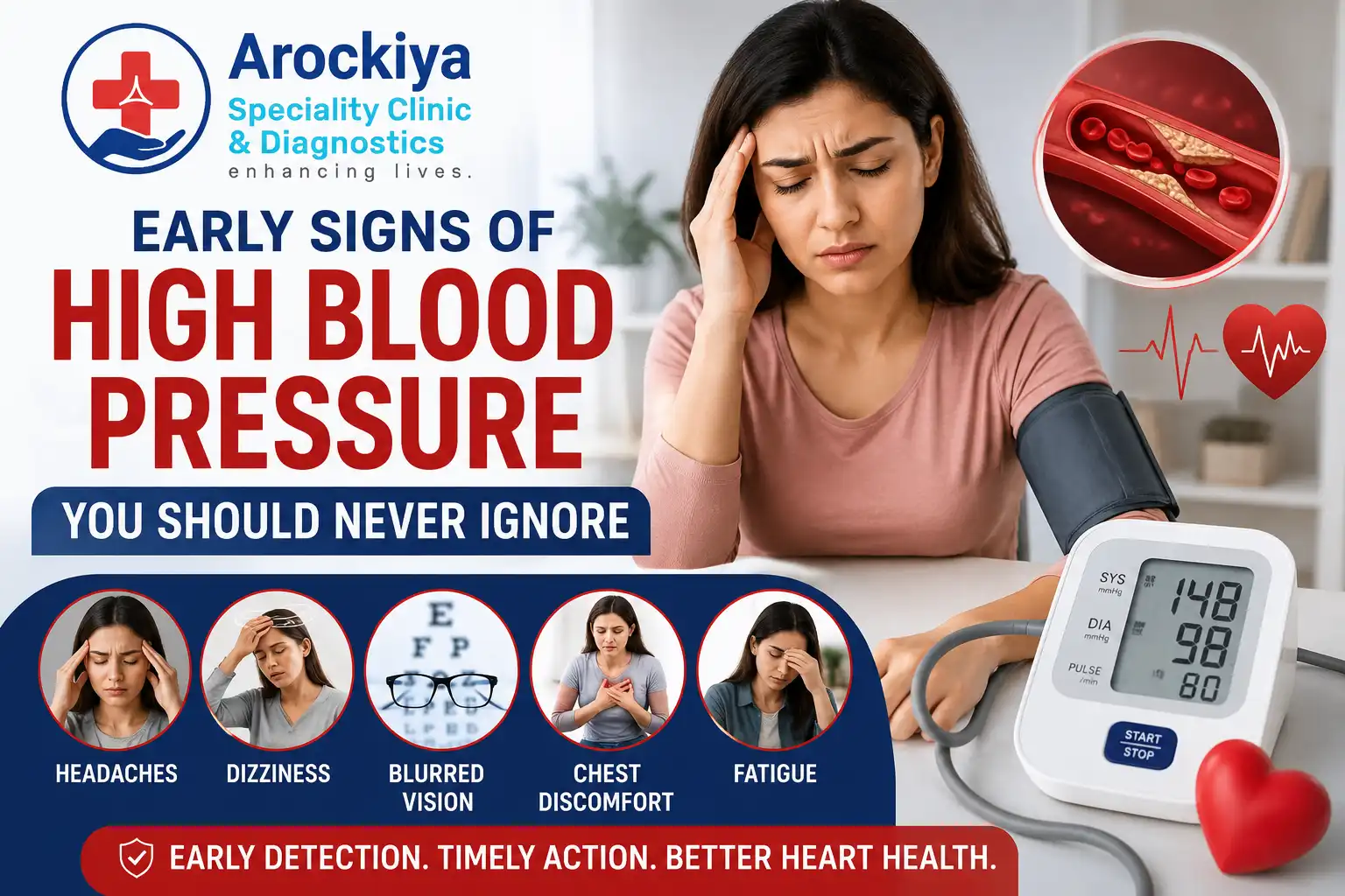 Early signs of high blood pressure including headaches, dizziness, blurred vision, chest discomfort, and fatigue with blood pressure monitor