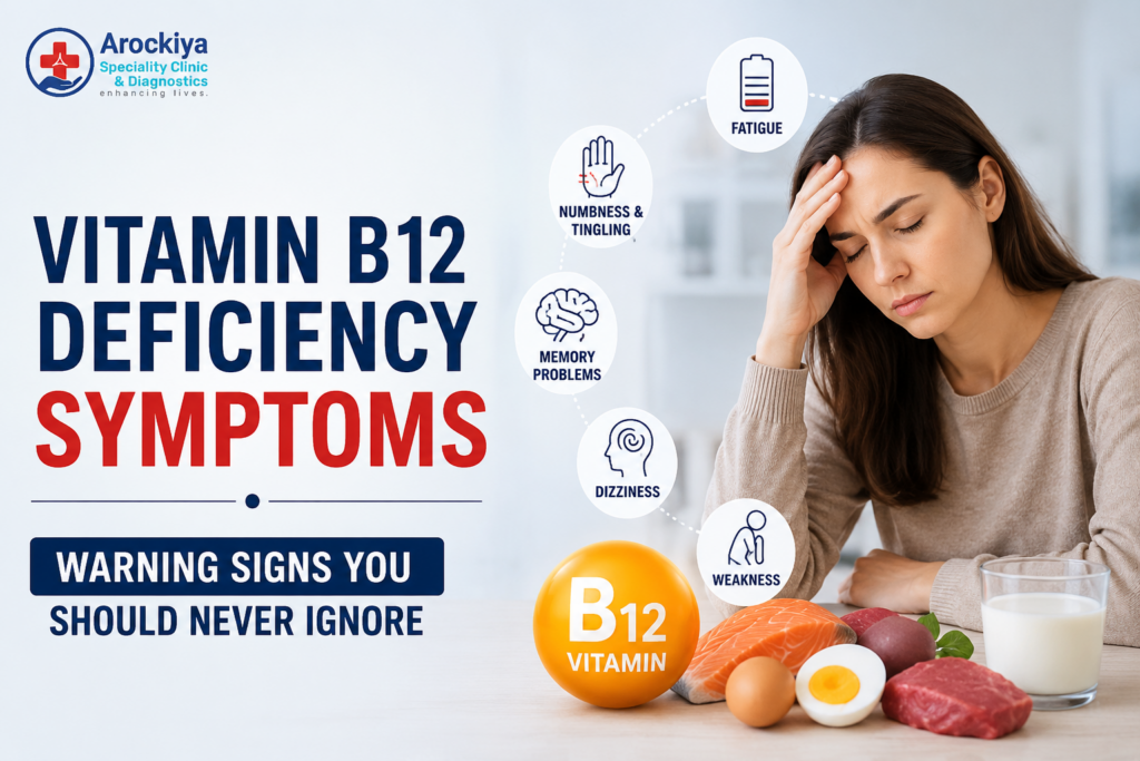 Vitamin B12 deficiency symptoms and warning signs including fatigue, numbness, dizziness, and memory problems