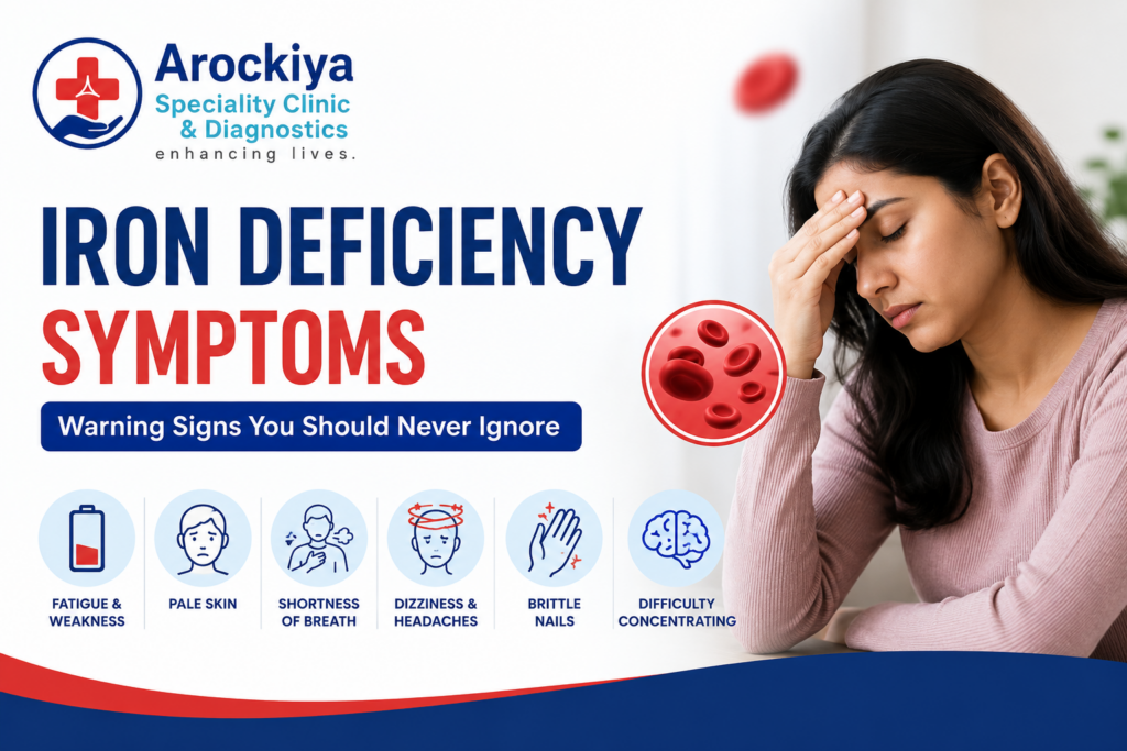 Iron deficiency symptoms including fatigue, pale skin, dizziness, weakness, and shortness of breath