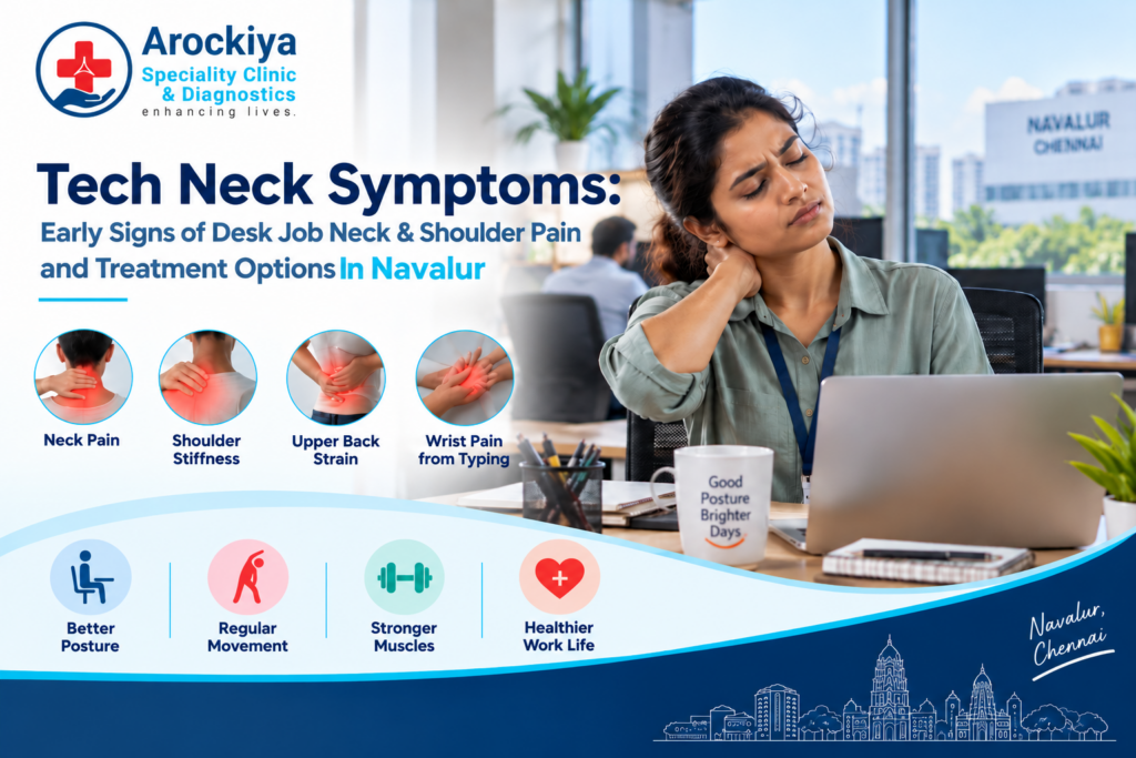 Tech neck symptoms and early signs of desk job neck and shoulder pain in Navalur, Chennai
