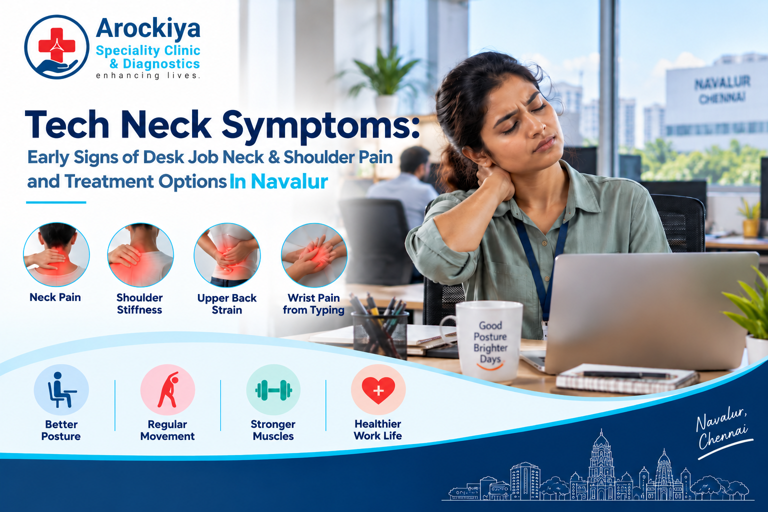 Tech neck symptoms and early signs of desk job neck and shoulder pain in Navalur, Chennai